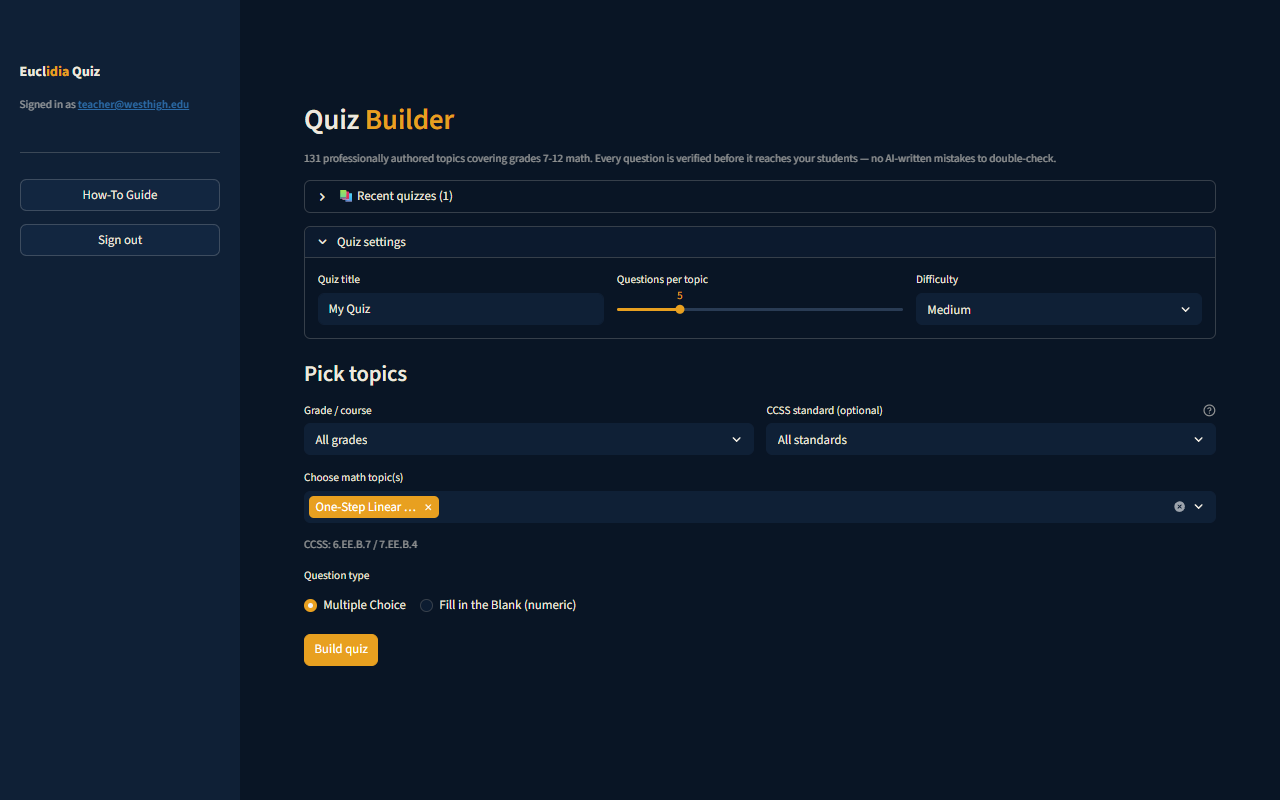 Euclidia Quiz builder with question count, difficulty, grade, standard, and topic controls